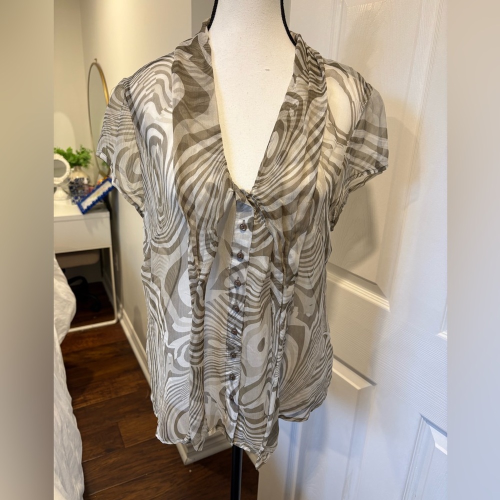 🌷Mac & Jac 100% Silk Sheer Blouse Size 14 Taupe Abstract 3/$30